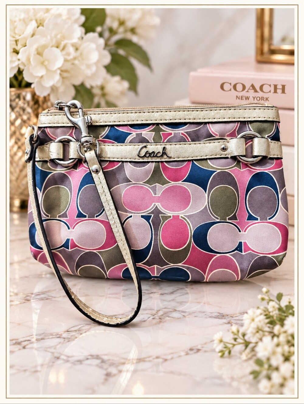 Coach Multicolor Signature C Wristlet Metallic Gold Trim Y2K